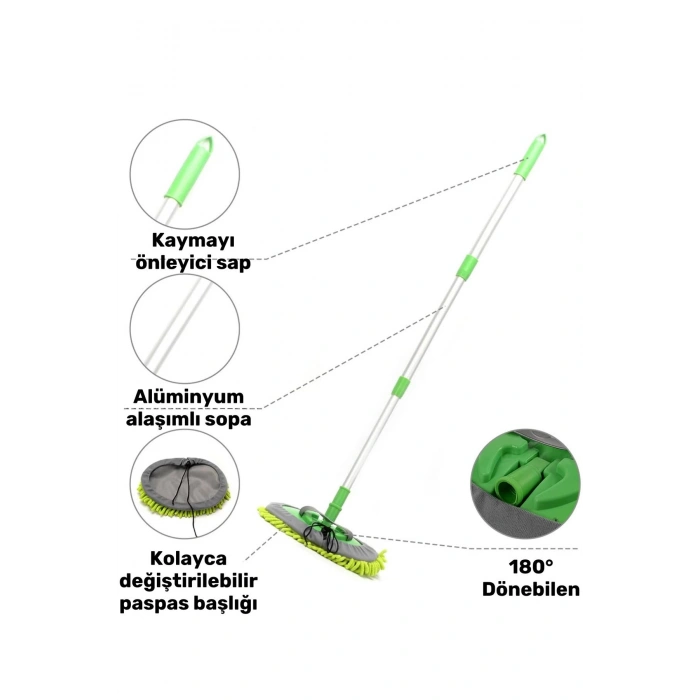 Premium 180 Derece Dönen Su Emici Tak Çıkar Paspaslı Uzun Saplı 2in1 Mikrofiber Araba Yıkama Uyumlu