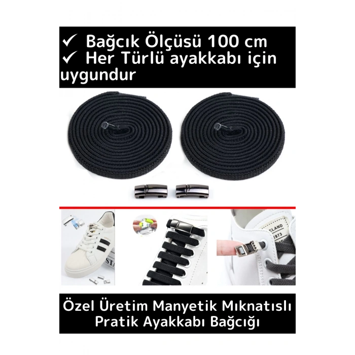 Premium Çocuk Genç Yetişkin Pratik Şık Klipsli Manyetik Mıknatıslı Lastikli Ayakkabı Bağcığı 1 Çift