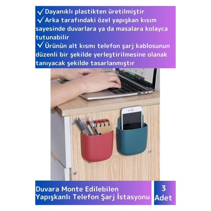Premium Dayanıklı Yapışkanlı Duvara Monte Edilebilen Telefon Şarj İstasyonu 3 Adet