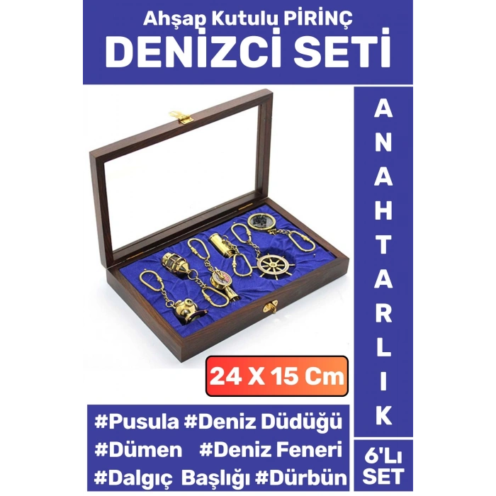 Premium Dekoratif Hediyelik Denizci Temalı Yüksek Kaliteli Ahşap Kutulu PİRİNÇ 6lı Anahtarlık Seti