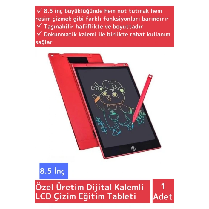 Premium Dijital Kalemli Çocuk Eğitim Tableti Grafik Ders Not Ödev Resim LCD Writing Tablet Kırmızı