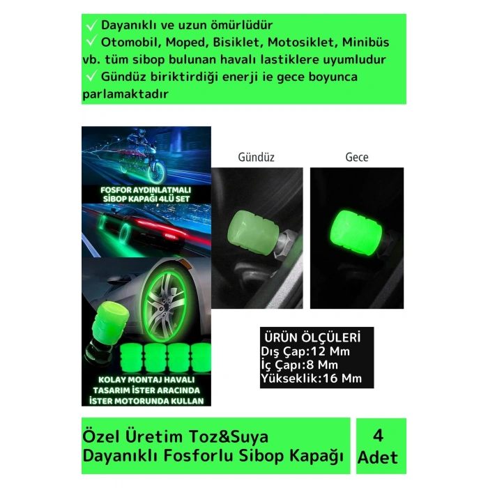 Premium Fosforlu Yeşil Sibop Kapağı Otomobil Bisiklet Motosiklet, Minibüslerle Uyumlu 4lü