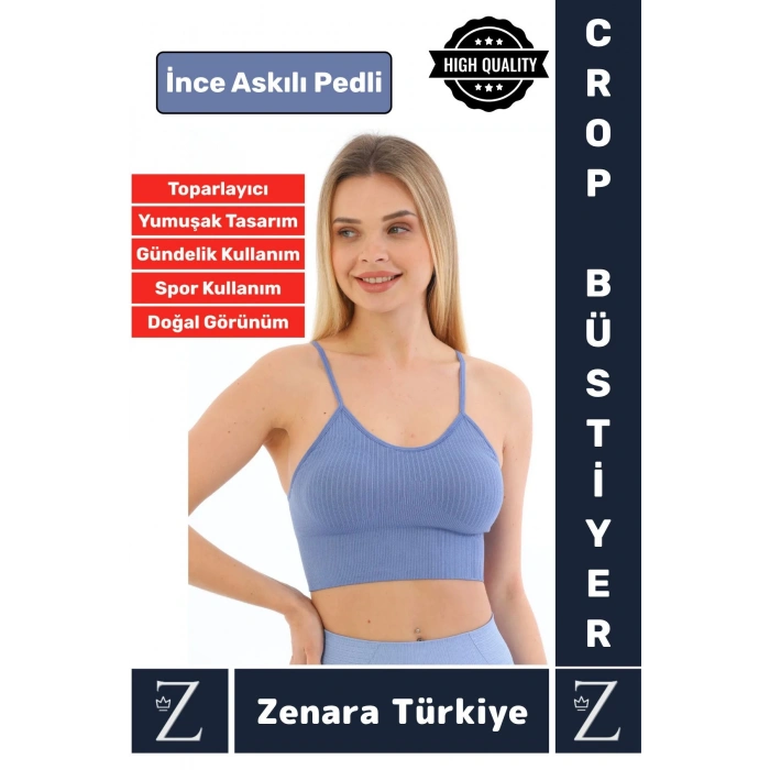 Premium Göğüs Toparlayan Sarkma Önleyen Gündelik Spor Kullanım İnce Askı Pedli Çizgili Crop Büstiyer