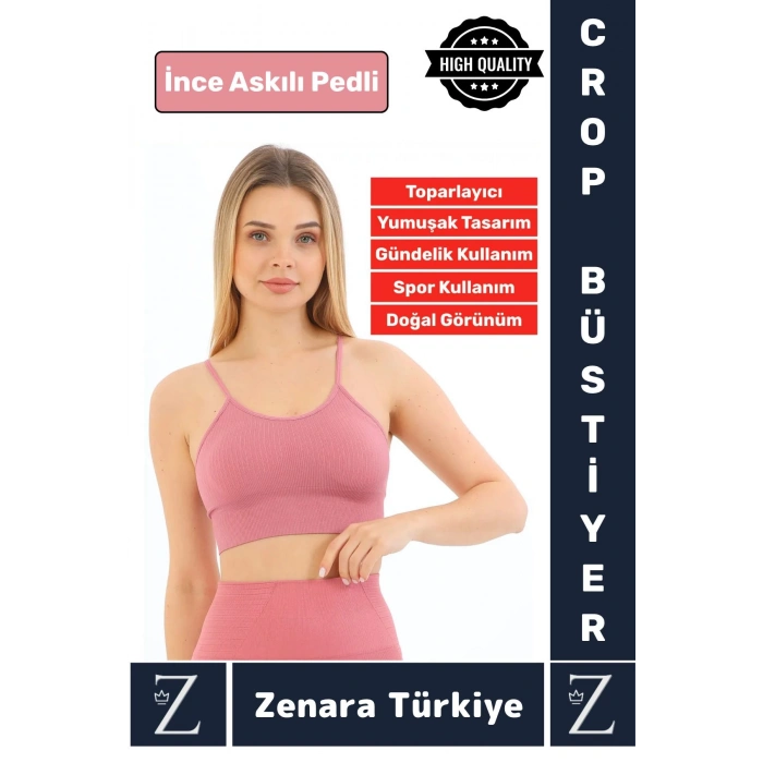 Premium Göğüs Toparlayan Sarkma Önleyen Gündelik Spor Kullanım İnce Askı Pedli Çizgili Crop Büstiyer