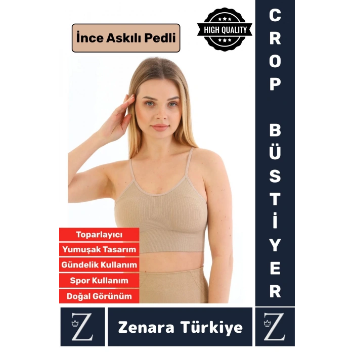 Premium Göğüs Toparlayan Sarkma Önleyen Gündelik Spor Kullanım İnce Askı Pedli Çizgili Crop Büstiyer