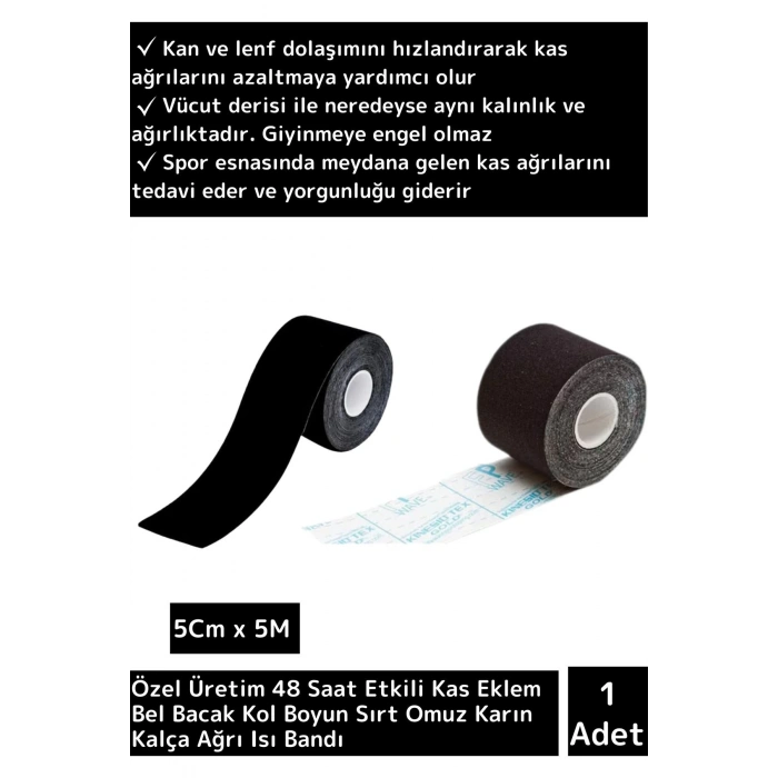 Premium Hızlı Etkili 5cmX5m Kas Eklem Bel Bacak Kol Boyun Sırt Omuz Karın Kalça Ağrı Bandı Siyah