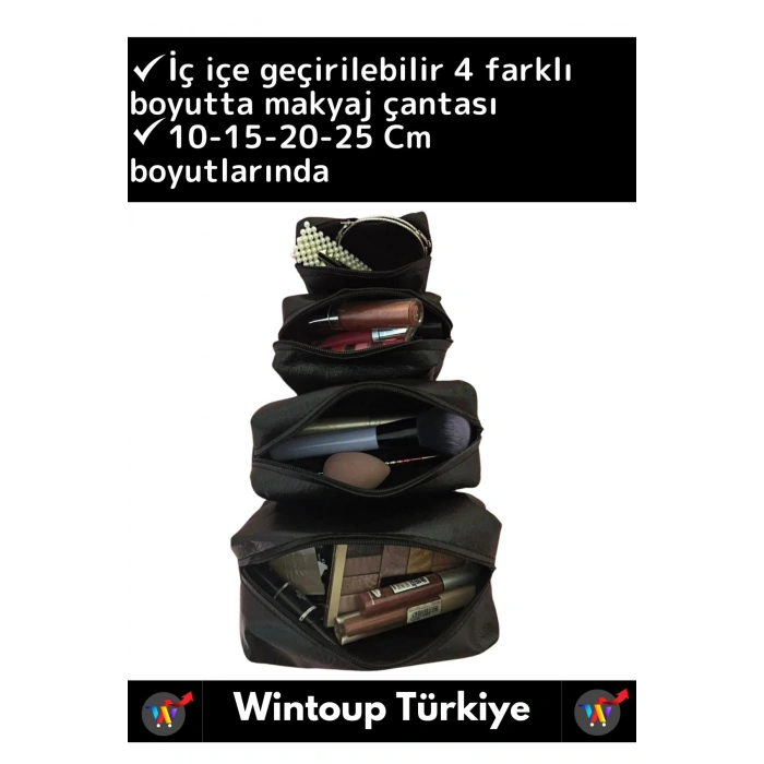 Premium Kaliteli Fermuarlı İç İçe Geçirilebilen 10/15/20/25 Cm 4lü Taşınabilir Makyaj Çantası Seti