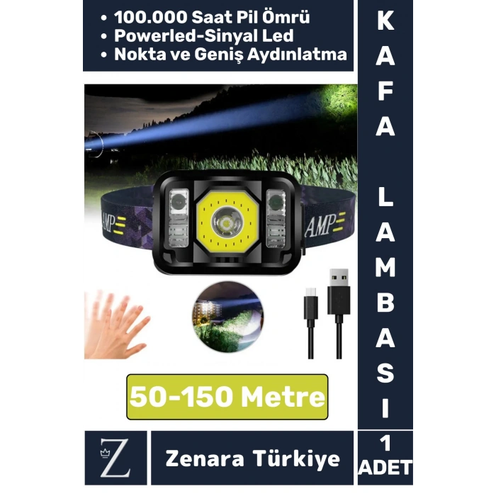 Premium Kamp Avcı Balıkçı Deprem 50-150 Metre Mesafeli Sinyal LED Şarjlı Powerled KAFA LAMBASI