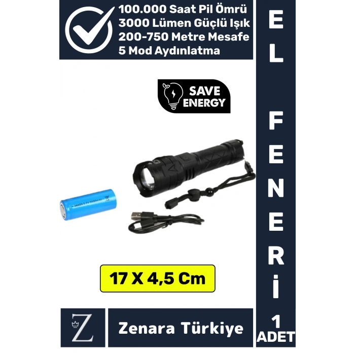 Premium Kamp Avcı Balıkçı Güvenlik Deprem 5 Modlu 3000 Lümen Güçlü Beyaz Işık Şarjlı El Feneri