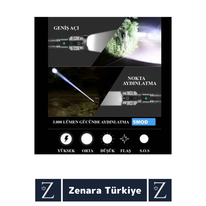 Premium Kamp Avcı Balıkçı Güvenlik Deprem 5 Modlu 3000 Lümen Güçlü Beyaz Işık Şarjlı El Feneri