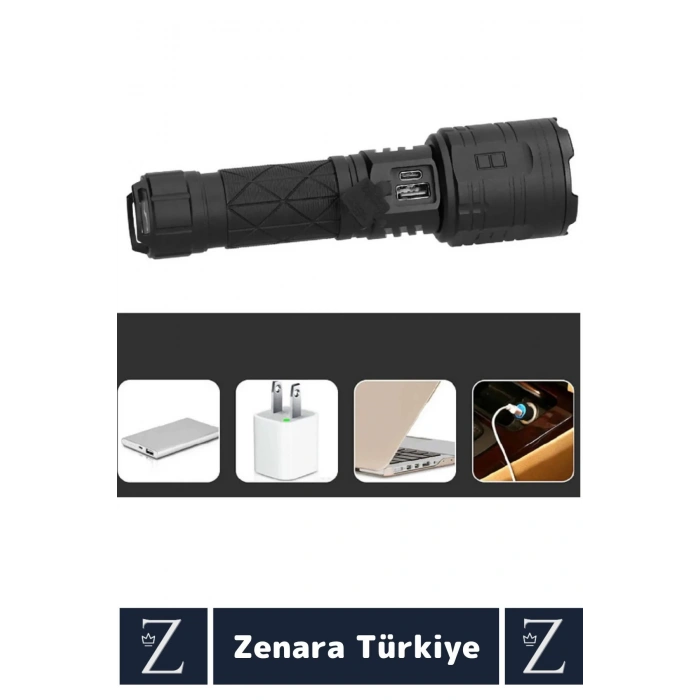 Premium Kamp Avcı Balıkçı Güvenlik Deprem 5 Modlu 3000 Lümen Güçlü Beyaz Işık Şarjlı El Feneri