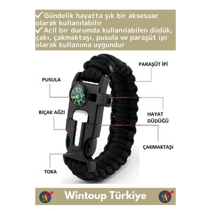 Premium Kompakt Outdoor Kamp Pusula Düdük Çakmaktaşı Çok Fonksiyonlu Şık Hayatta Kalma Bilekliği