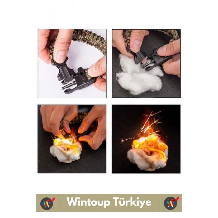 Premium Kompakt Outdoor Kamp Pusula Düdük Çakmaktaşı Çok Fonksiyonlu Şık Hayatta Kalma Bilekliği