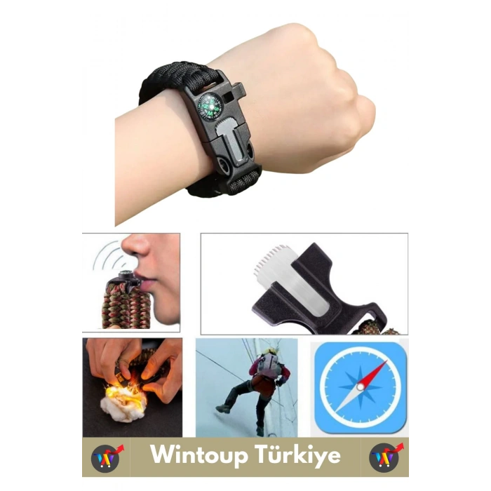 Premium Kompakt Outdoor Kamp Pusula Düdük Çakmaktaşı Çok Fonksiyonlu Şık Hayatta Kalma Bilekliği