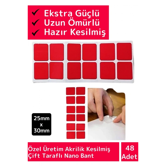 Premium Seri Ekstra Güçlü Akrilik Çift Taraflı Hazır Kesilmiş 25x30 Mm Montaj Bandı 48li