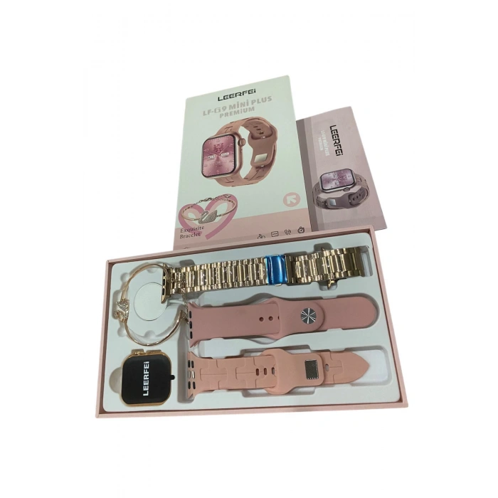 Premium Seri G9 Mini Plus 3 Kordon+Bileklik Hediyeli Bluetoothlu Rose Gold Kadın Akıllı Saat