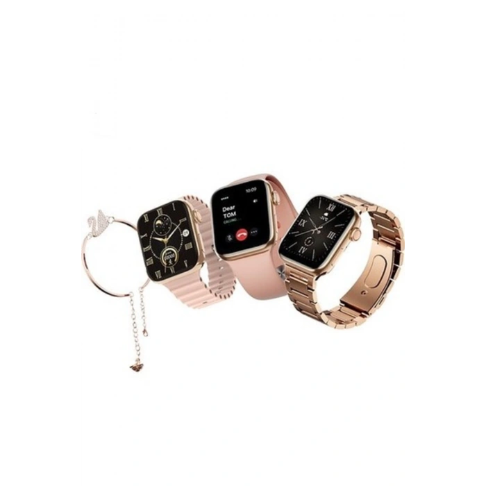 Premium Seri G9 Mini Plus 3 Kordon+Bileklik Hediyeli Bluetoothlu Rose Gold Kadın Akıllı Saat
