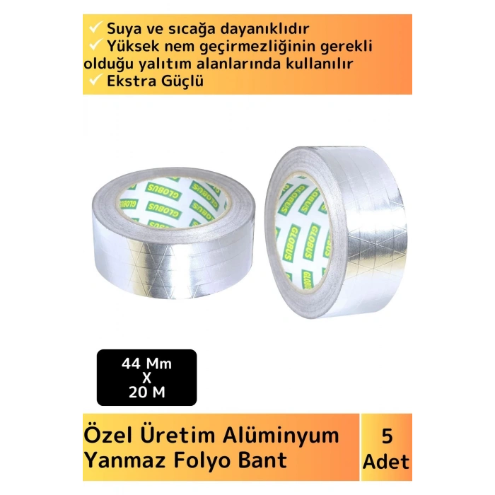 Premium Seri Suya Sıcaklığa Dayanıklı Tamir Soba Boru Yama Alüminyum Yanmaz Folyo Bant 44Mm-20Mt 5Ad