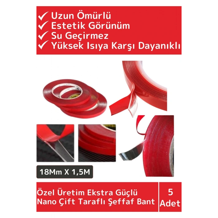 Premium Seri Ultra Güçlü Çok Amaçlı Tamir Cam Dış Mekan Montaj 1,5mt Çift Taraflı Şeffaf Bant 5 Adet