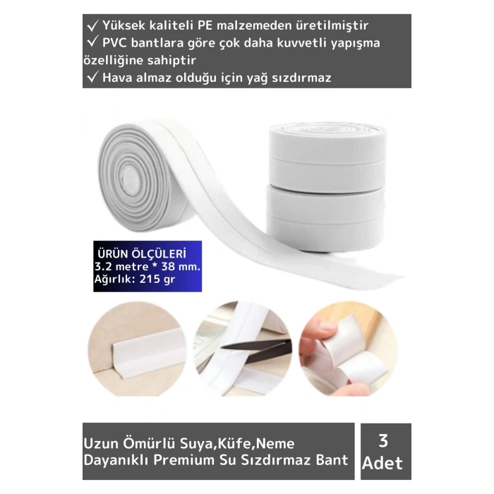 Premium Seri Ultra Güçlü Suya Küfe Dayanıklı Pencere Banyo Lavabo Kenar Süper Yalıtım Bantı 3lü