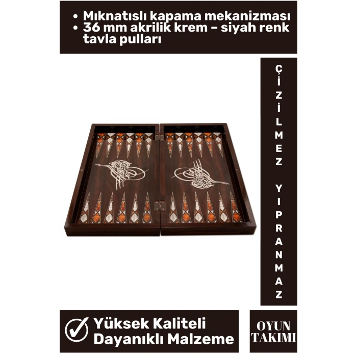 Premium Seri Yüksek Kaliteli Çizilmez Yıpranmaz Mıknatıslı Kapama Antik Osmanlı Turası Tavla Takımı