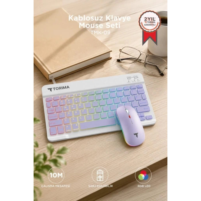 Premium Set Modern Işıklı Kablosuz Klavye Mouse Seti TMK09 Mor