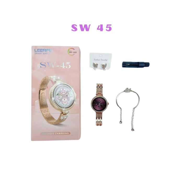 Premium SW 45 Watch Ayarlanabilir Kordon Özellikli Taşlı Tasarım Küpe/Bileklik Hediyeli Kadın Saat