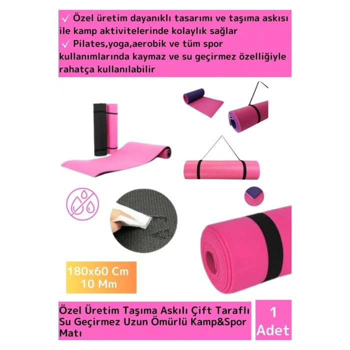 Premium Taşıma Askılı Çift Taraflı Kaymaz Su Geçirmez Pilates Kamp Fitness Yoga Matı Pembe 10 Mm