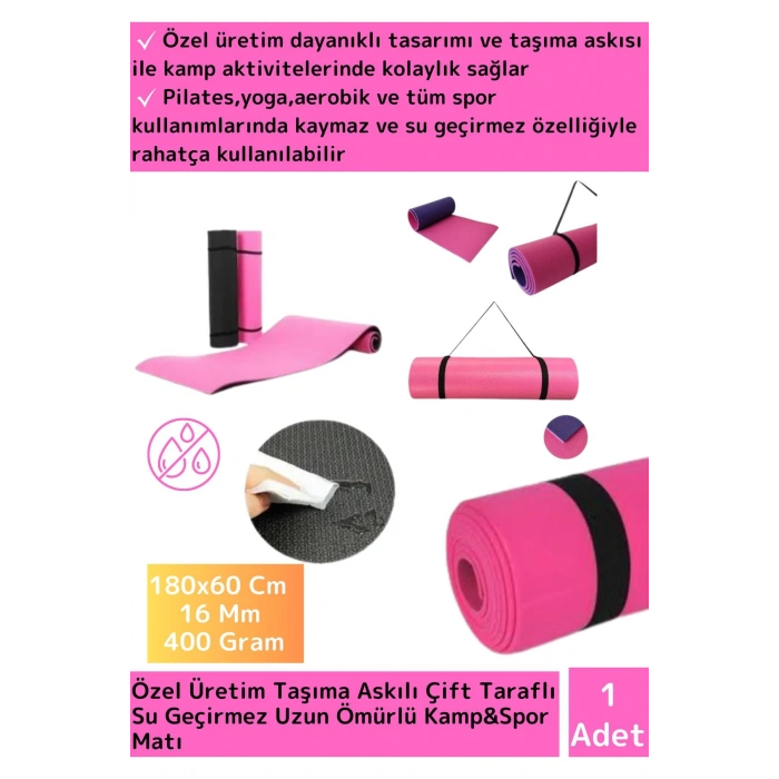Premium Taşıma Askılı Çift Taraflı Kaymaz Su Geçirmez Pilates Kamp Fitness Yoga Matı Pembe 16 Mm