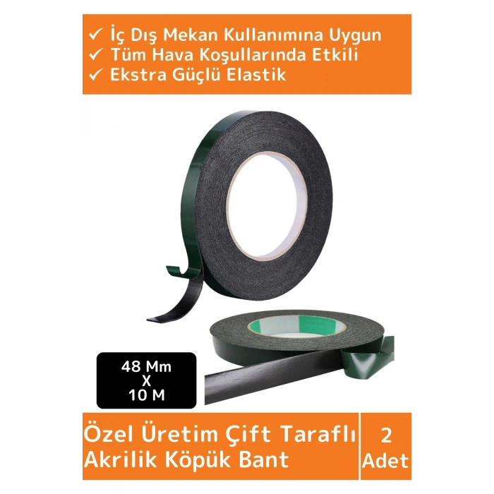 Premium Üretim Ultra Dayanıklı İz Bırakmaz Elastik 48mm-10Metre Çift Taraflı Akrilik Köpük Bant 2li