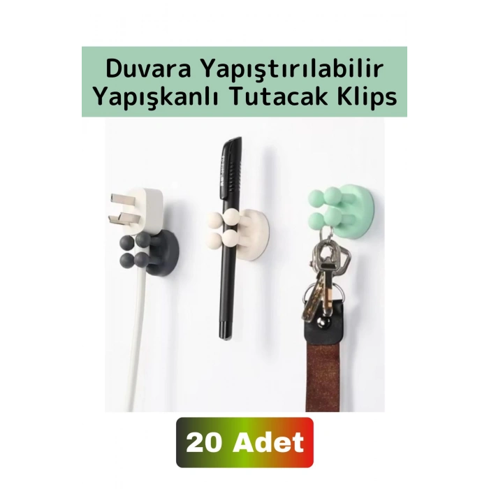 Premium Uzun Ömürlü Silikon Çok Amaçlı Yapışkanlı Duvara Yapıştırılabilir Pratik Tutucu Klips 20Adet
