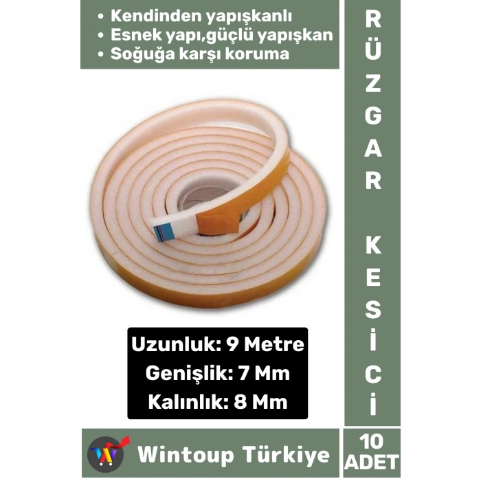 Premium Yapışkanlı Pencere İzolasyon Bantı Rüzgar Soğuk Kesici Cam Yalıtım Süngeri 9 Metre X 10 Adet