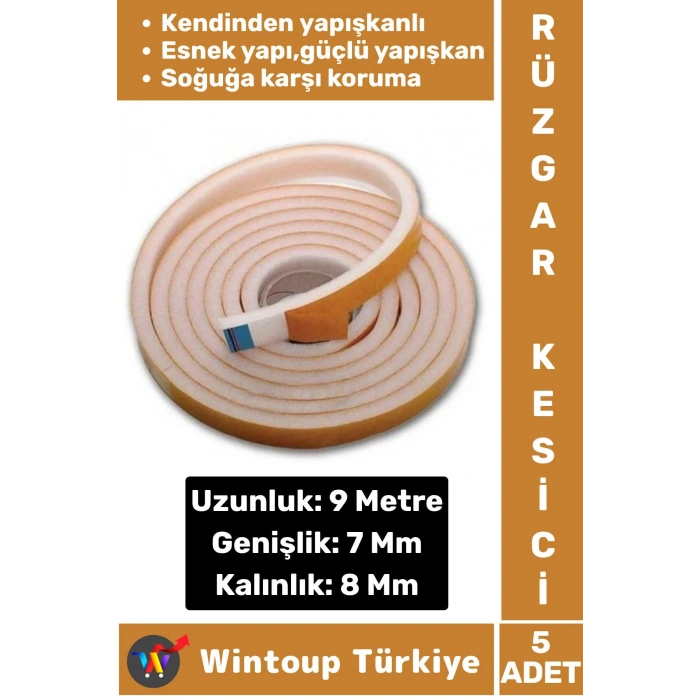 Premium Yapışkanlı Pencere İzolasyon Bantı Rüzgar Soğuk Kesici Cam Yalıtım Süngeri 9 Metre X 5 Adet