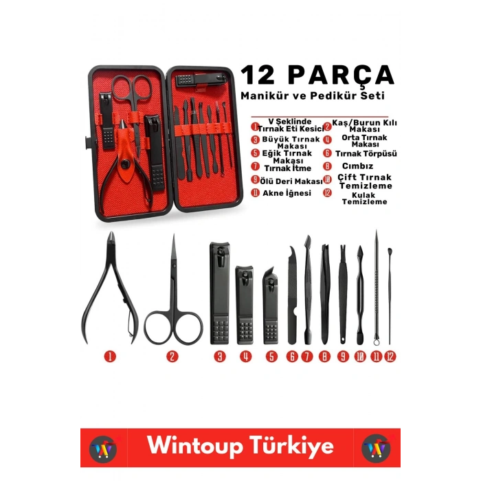 Premium Yüksek Kaliteli Çelik El Yüz Ayak Bakım Çantalı 12 Parça Manikür Pedikür Seti