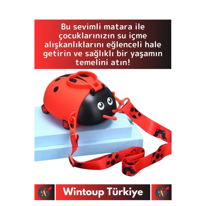 Premium Yüksek Kaliteli Sızdırmaz Su Matarası Sevimli Uğur Böceği Askılı Suluk Matara 550 Ml