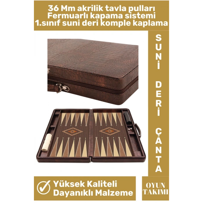 Premium Yüksek Kaliteli Tam Suni Deri Kaplama Fermuarlı Çantalı Akrilik Pullu Büyük Boy Tavla Takımı