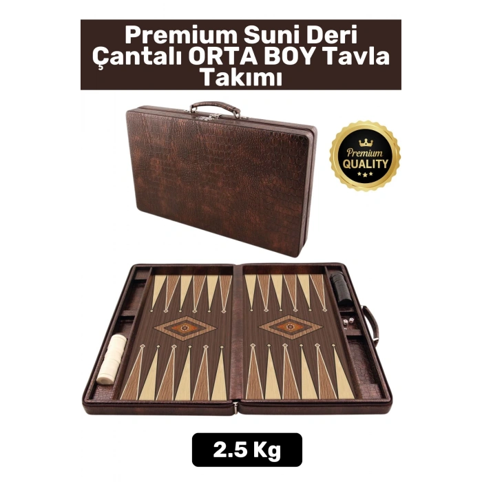 Premium Yüksek Kaliteli Tam Suni Deri Kaplama Fermuarlı Çantalı Akrilik Pullu Orta Boy Tavla Takımı