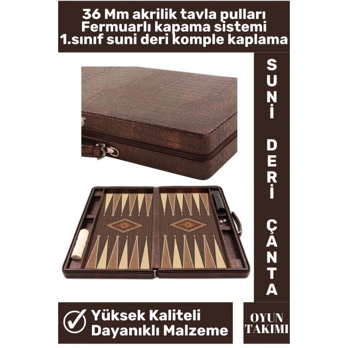 Premium Yüksek Kaliteli Tam Suni Deri Kaplama Fermuarlı Çantalı Akrilik Pullu Orta Boy Tavla Takımı