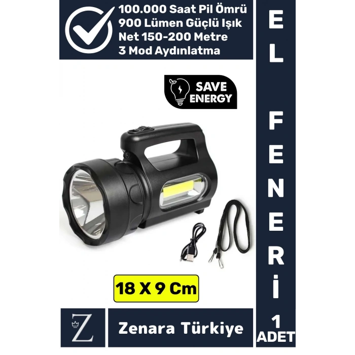 Profesyonel Kamp Avcı Güvenlik Deprem 3 Aydınlatma Modu 900 Lümen Güçlü Beyaz Işık Şarjlı El Feneri