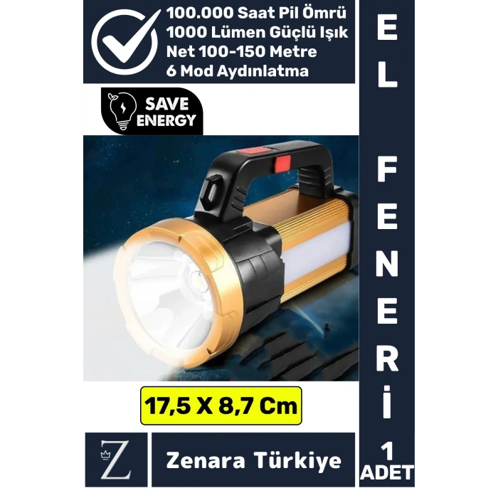 Profesyonel Kamp Avcı Güvenlik Deprem 6 Modlu 1000 Lümen Güçlü Beyaz Işık Şarjlı Projektör El Feneri