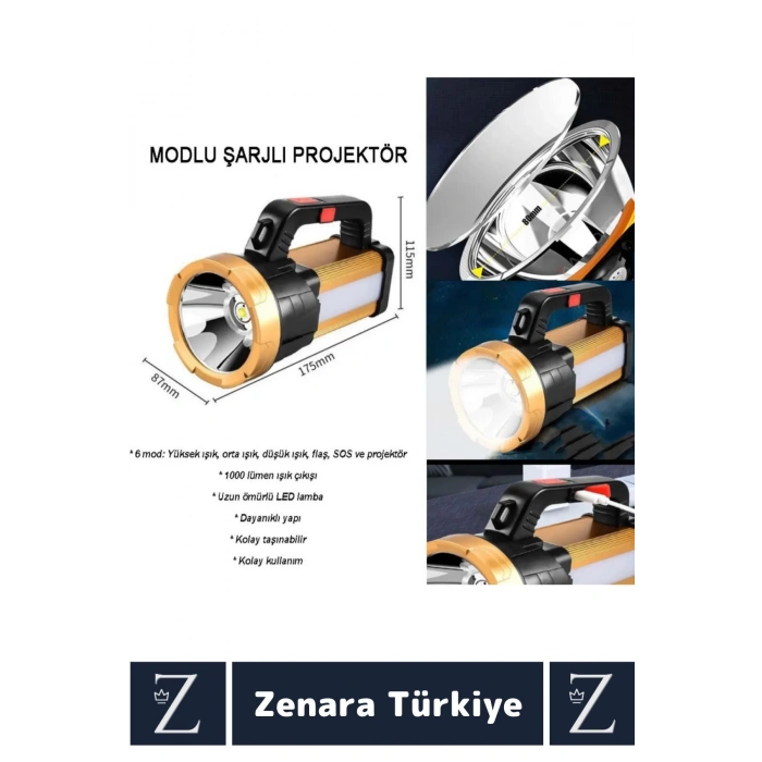 Profesyonel Kamp Avcı Güvenlik Deprem 6 Modlu 1000 Lümen Güçlü Beyaz Işık Şarjlı Projektör El Feneri