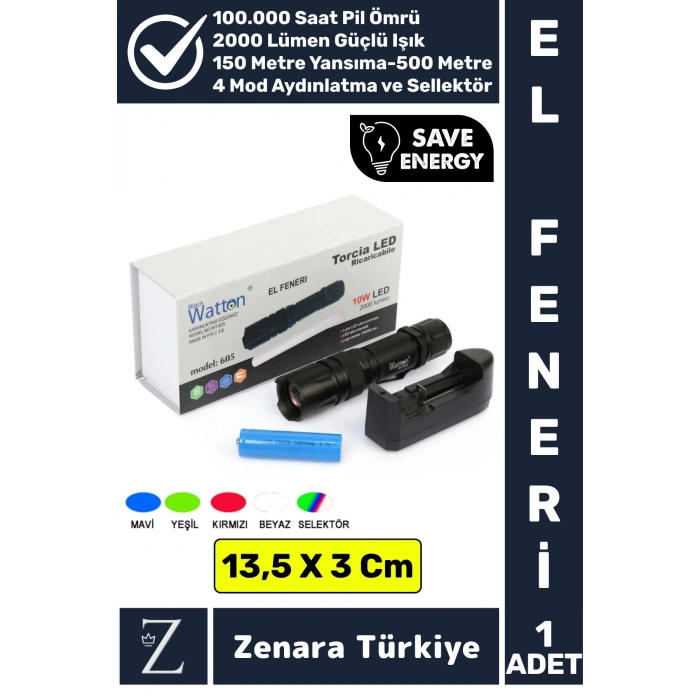 Profesyonel Kamp Avcı Güvenlik Okul Deprem Balıkçı 2000 Lümen Güçlü Işık 4 Renk+Sellektör EL FENERİ