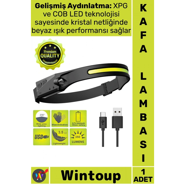 #Lamba Güçlü XPG 5 Aydınlatma Modlu COB LED Sensörlü USB Şarj Edilebilir Dahili Pilli Kafa Lambası
