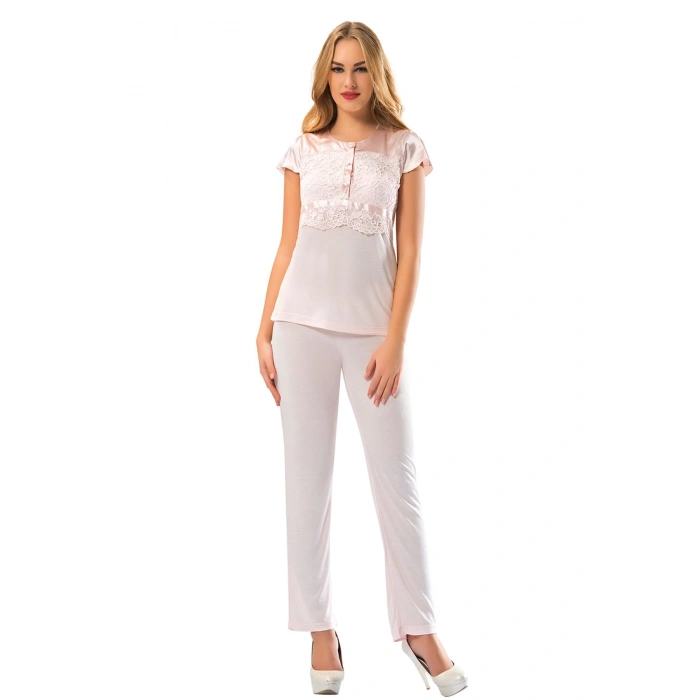 #Pijama Çeyizlik Esnek Kaliteli Likralı Rahat Şık Kadın Ev Giyimi Tasarım Pudra Penye Pijama Takımı