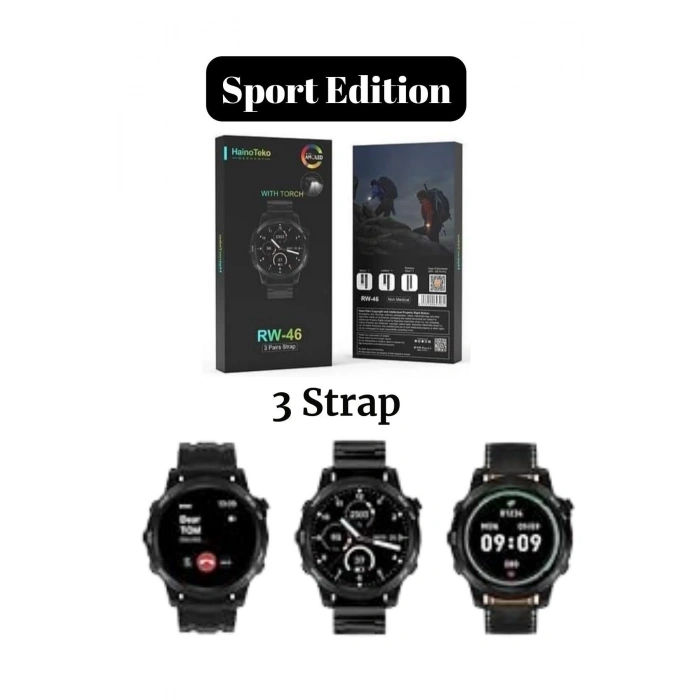 RW 46 Large Amoled Sport Watch With Torch Black Edition Wireless Charge 3 Strap Premium Series
