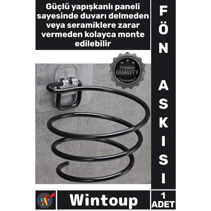 #Askı Yapışkanlı Duvar Tipi Siyah Metal Banyo Askı Organizeri Standı Şık Saç Kurutma Makinesi Tutucu