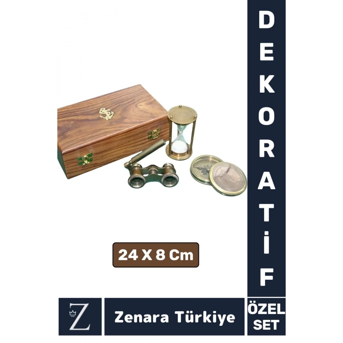 Sevgili Özel Denizci Koleksiyon Hediye PİRİNÇ PUSULA KUM SAATİ DÜRBÜN Ahşap Kutulu Premium Set