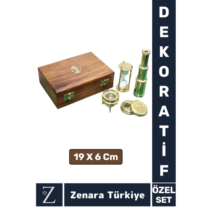 Sevgili Özel Denizci Koleksiyon Hediye PİRİNÇ PUSULA KUM SAATİ DÜRBÜN BÜYÜTEÇ Ahşap Kutulu Özel Set