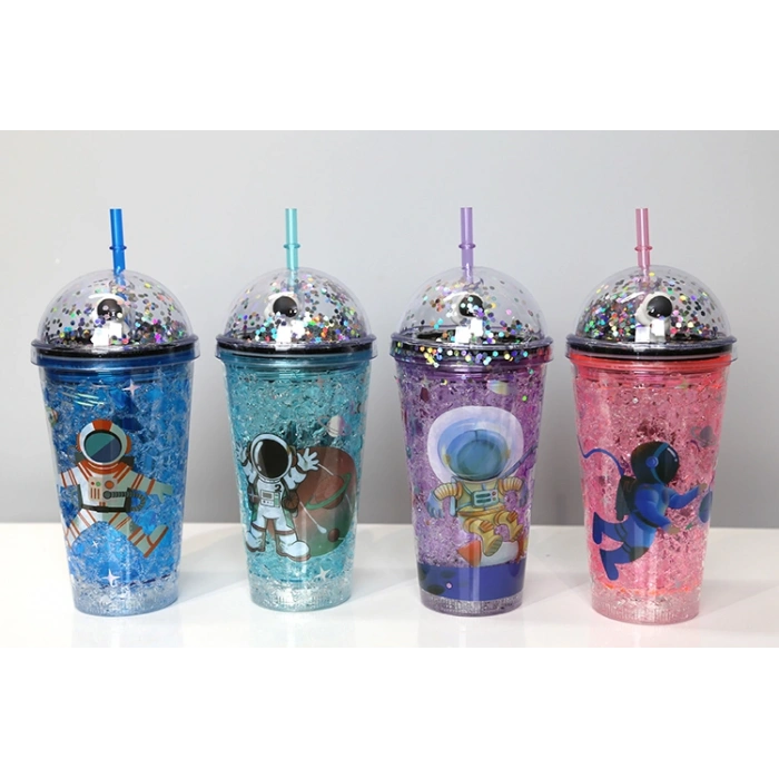 Sevimli Astronot Pipetli Işıklı Pullu Suluk Bardak 400 ml