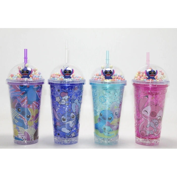 Sevimli Stitch Işıklı Pipetli Pullu Suluk Bardak 400 ml